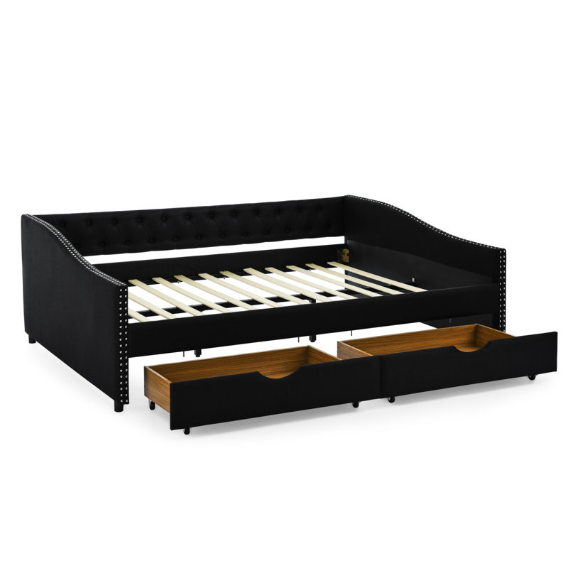 Modern Daybed With Drawers Upholstered Tufted Sofa Bed, With Button On Back And Copper Nail On Waved Shape Arms, Black, Queen