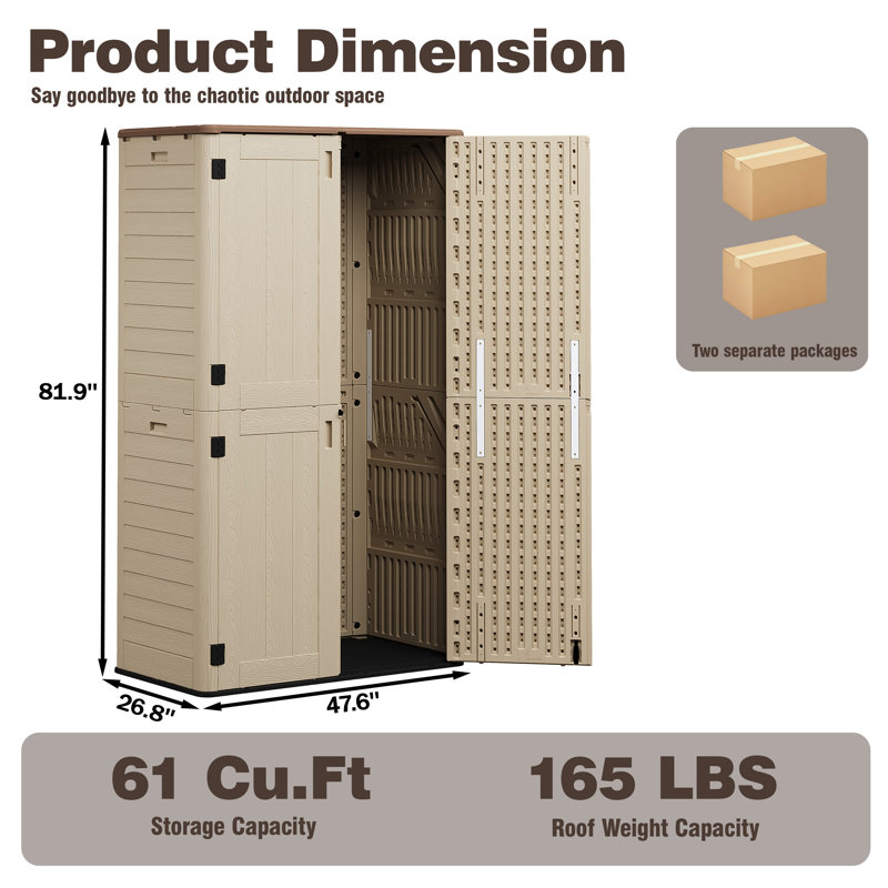 450 Gallons Vertical Lockable Resin Storage Cabinet, Khaki, Without Shelves, Khaki