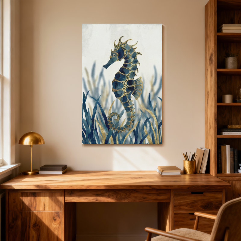 Animaux hippocampe bleu avec accents dorés et algues, H 12 po x l 18 po