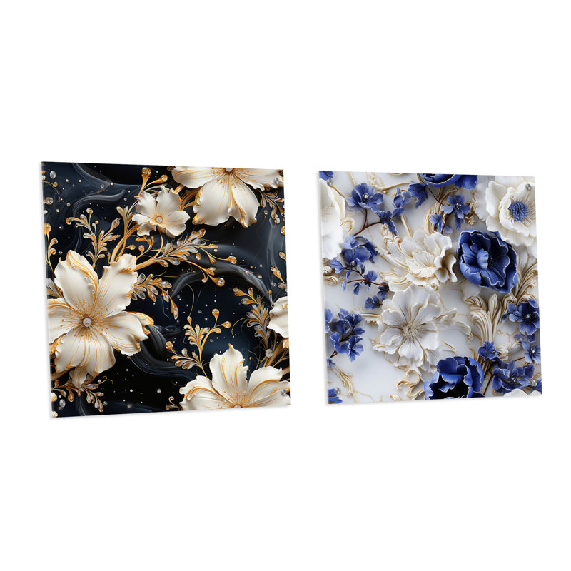 Victorian Opulence Marble Motif I - Ensemble de 2 peintures murales abstraites en acrylique, H 16 po x l 33 po