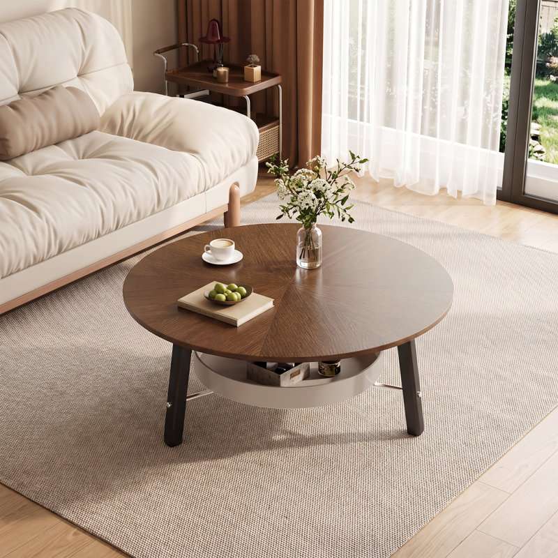 Table basse ronde de 90 cm avec tablettes de rangement à 2 niveaux