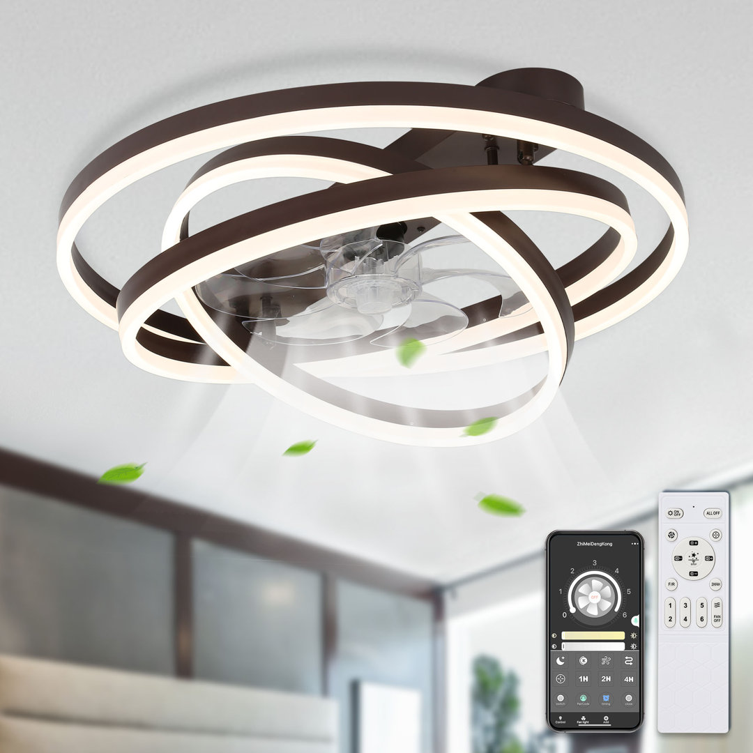 Herrada 24" Space-Saving Flush Mount Ceiling Fan with Adjustable Dimmable LED Light Kit Wrought Studio™ 