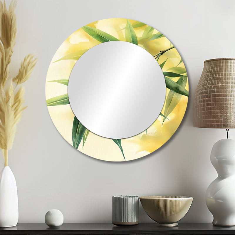 Green Yellow Bamboo Leaves In Africa I - Traditional Wall Mirror Art - Printed On Metal, 23" x 23"