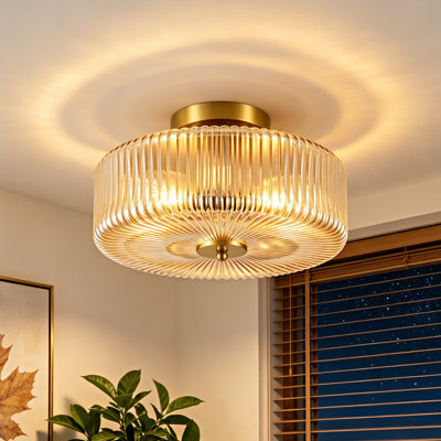 Plafonnier semi-encastré 3 lumières 11,8 po avec abat-jour en verre rayé transparent