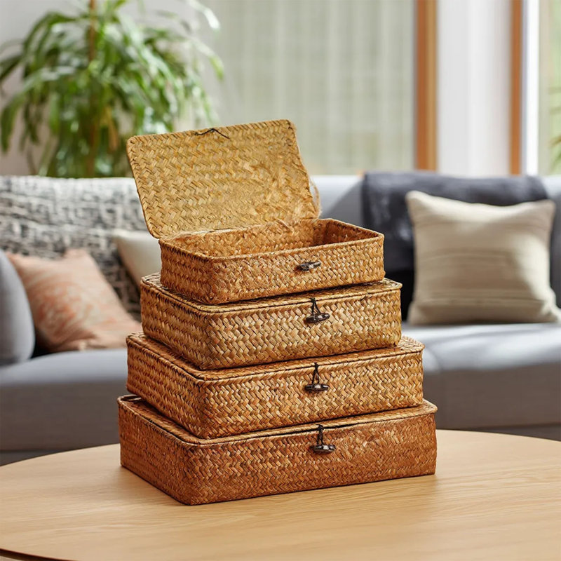 4-Piece Seagrass Storage Basket Set, Woven Organizer Boxes with Lids