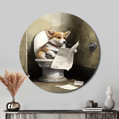 Silly Corgi, lecture de nouvelles sur la toilette - animaux, art en métal rond