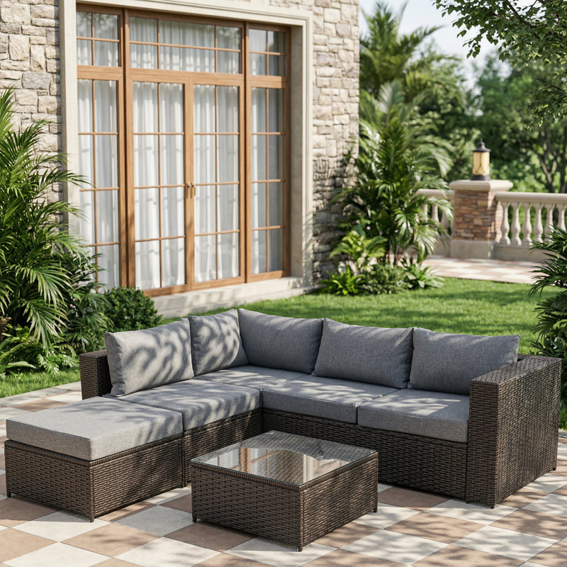 4-Person Outdoor Wicker Sectional Sofa Set With Cushions, Gray Cushion/Brown Frame