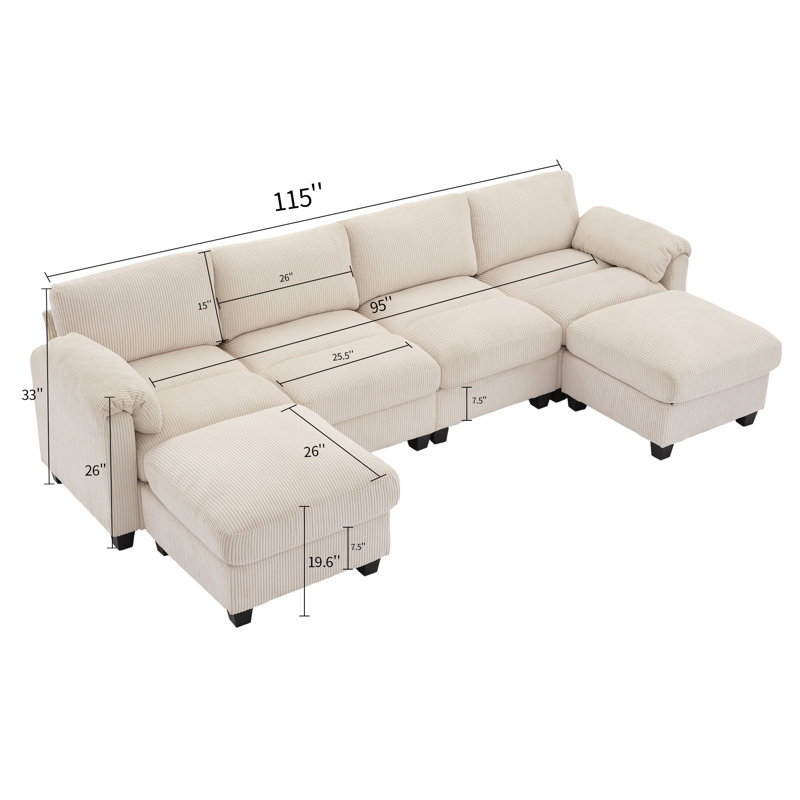 Canapé modulaire en U avec repose-pieds en velours côtelé 6 pièces, Velours côtelé beige