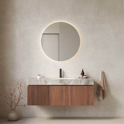Meuble-lavabo 48 po avec lavabo en contreplaqué flottant avec tiroir et portes, comptoir en pierre frittée gris clair et lavabo en céramique avec 1 trou de robinet pré-percé, pré-assemblé, couleur grain de bois de chêne brun