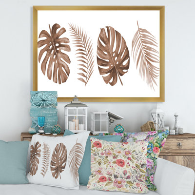 «Tropical Monstera And Palm Leaf In Terracotta», reproduction d'art sur toile encadrée