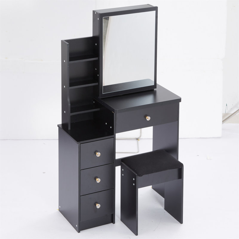 Petite coiffeuse 29,2 po avec tabouret de chevet gauche + tabouret rembourré, très grand miroir coulissant à droite, rangement multi-couches grande capacité, commode pratique et pratique, convient aux petits espaces