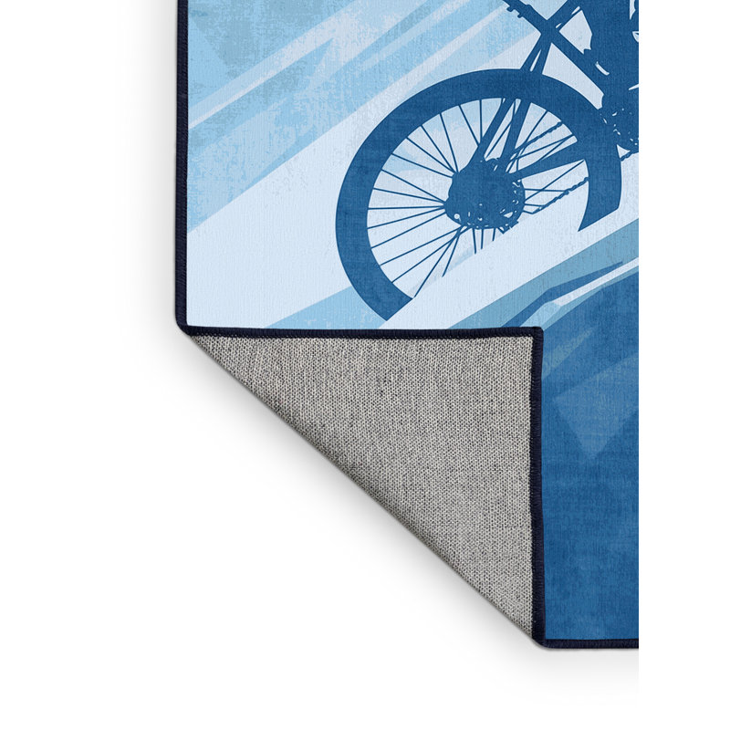 Machine Washable Kendari Mountain Bike Modern & Contemporary Rug in Blue – Navy Binding, 7x9