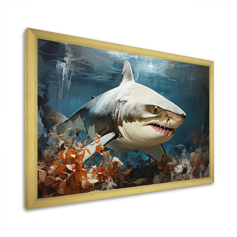 " Minimalism Shark Hunting ", 34" H x 44" W x 1.5" D, Gold Picture Framed
