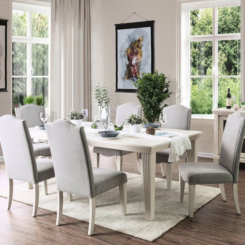 Chaises d'appoint transitionnelles (de 2), blanc antique et gris, revêtement en tissu, dossier à dos de chameau, pieds cannelés, siège rembourré avec 2 chaises, style, chaise, dossier, fabrication en bois massif avec siège et
