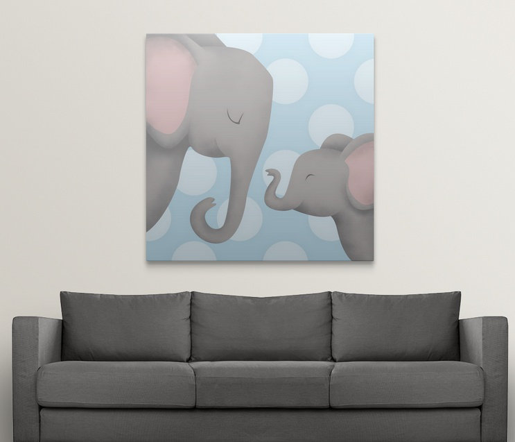«Elephant Mommy and Baby on Blue», impression, Toile, H 20 po x l 20 po x P 1,25 po