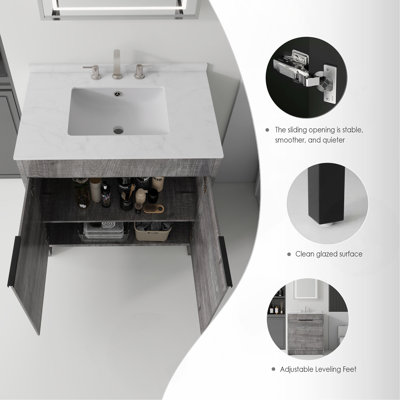 Meuble-lavabo autoportant de 30 po avec lavabo, porte à fermeture douce, comptoir et dosseret en marbre de culture blanc de Carrare de 0,6 po