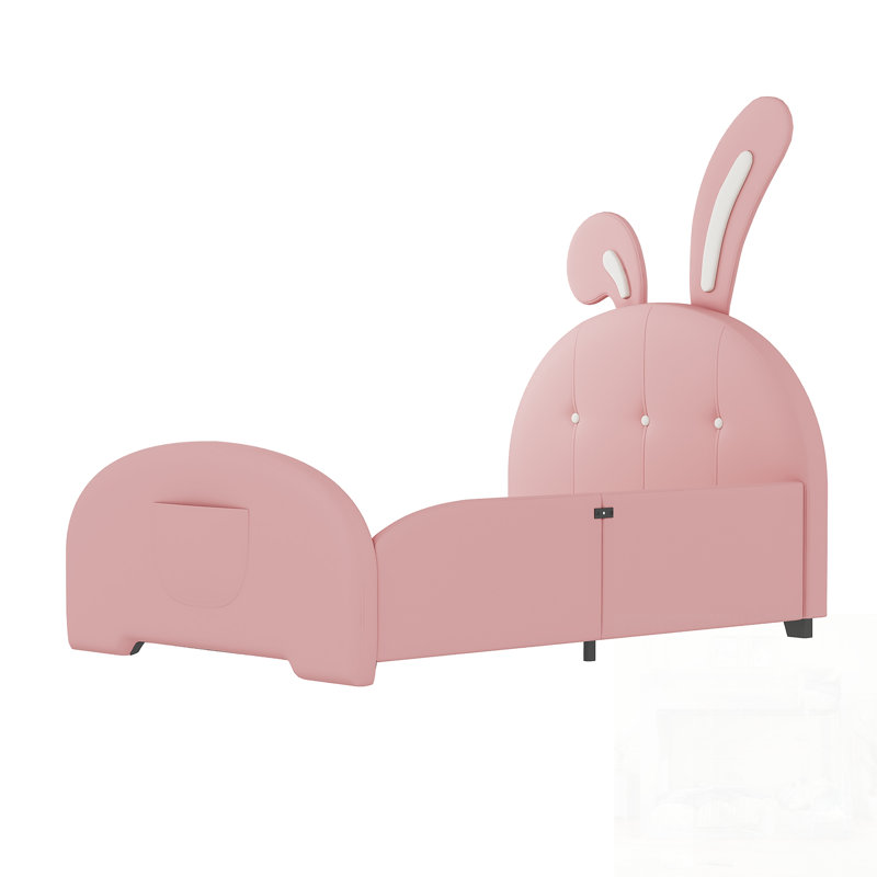 Lit princesse rembourré en forme de lapin, lit plateforme simple avec tête et pied de lit, Rose