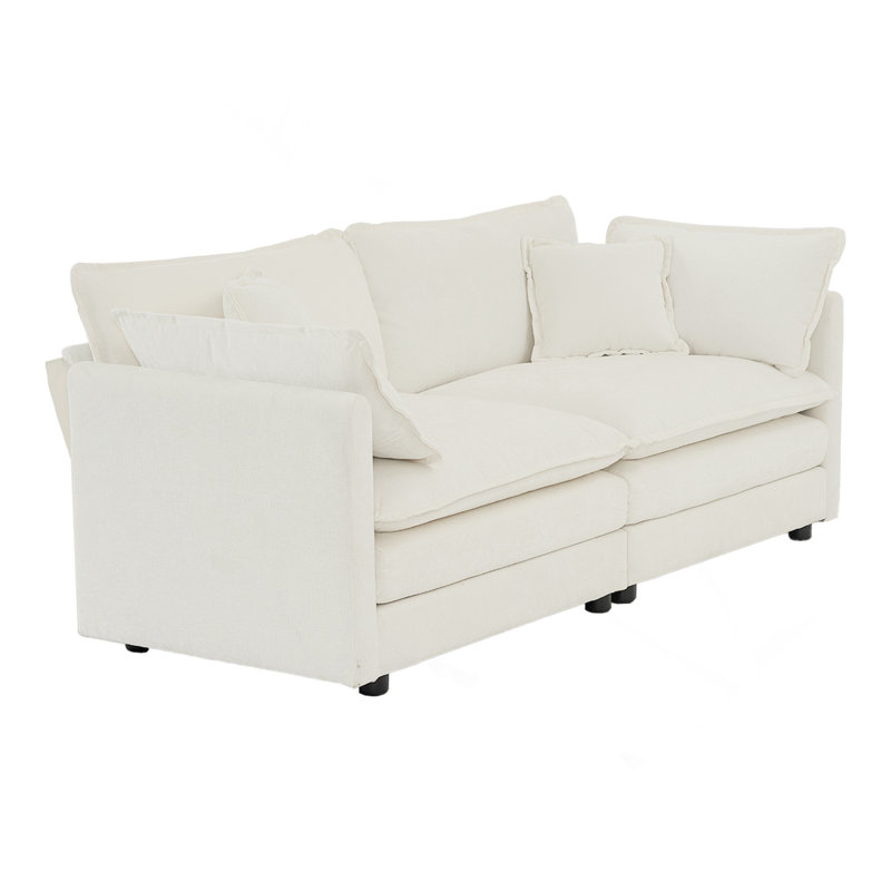 Modern Fabric Loveseat Sofa Couch For Living Room, Upholstered Large Size Deep Seat 2-Seat Sofa With 4 Pillows ,White Chenille