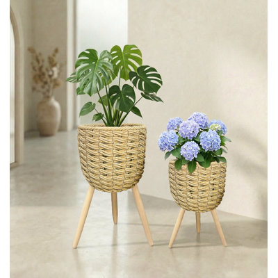 Ensemble de 2 paniers à fleurs tissés à la main avec pieds en trépied, structure en métal et doublure en plastique