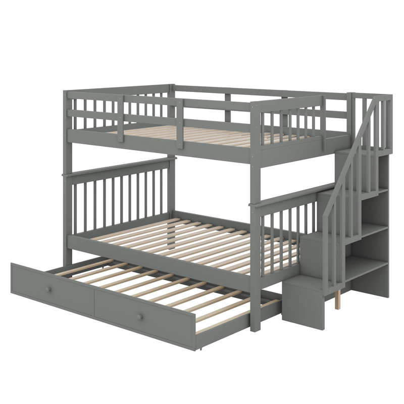 Stairway Full Over Full Bunk Bed With Twin Size Trundle, Grey
