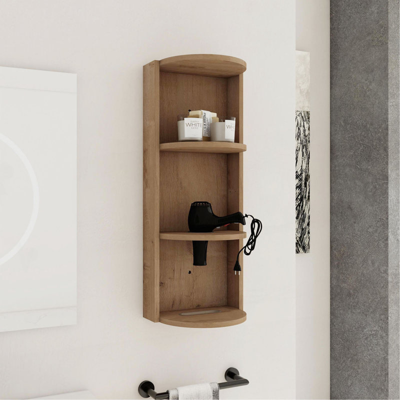 12" Bathroom Wall-Mounted Storage Rack, Float Mounting Design, Imitative Oak