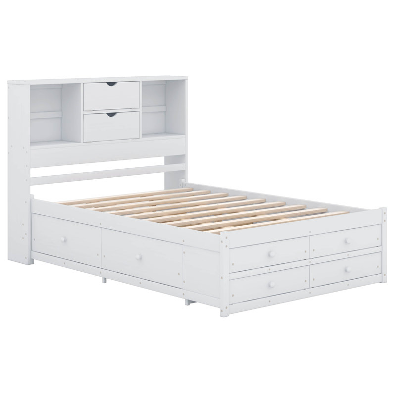 Platform Bed with Storage Headboard And 8 Drawers, Queen, White