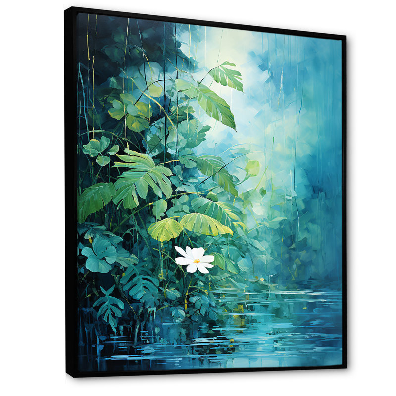 «Blue Tropical Plants Mirage 4 - Jungle», art mural, Cadre flottant noir, H 32 po x l 24 po x P 1 po