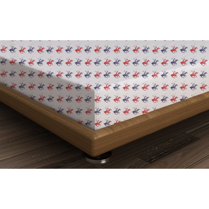 100% Cotton Geometric Fitted Sheet, King, Red/Blue/White