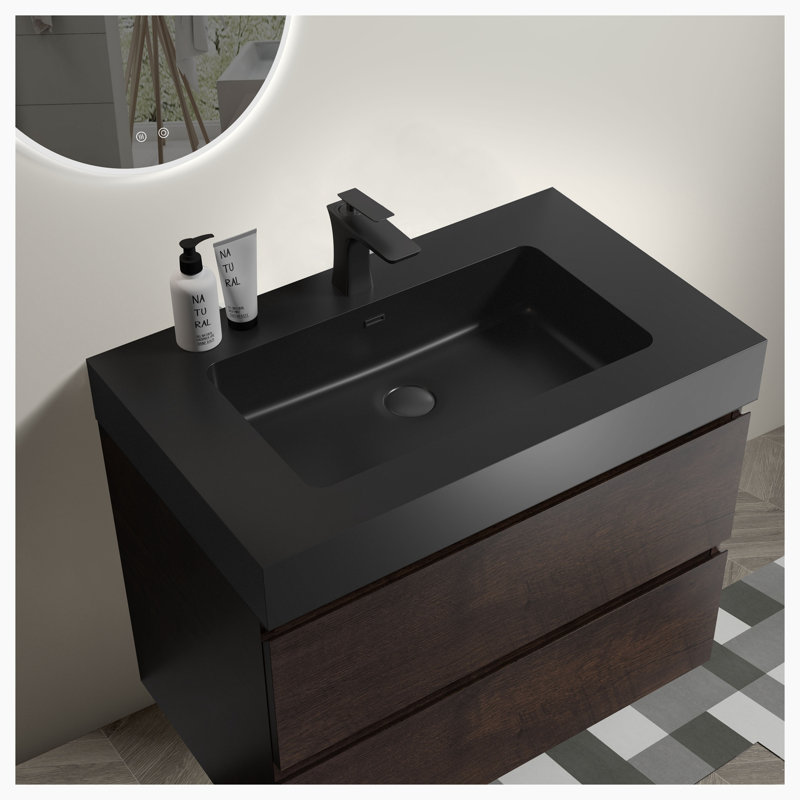 Ensemble de meuble-lavabo mural simple 29,9 po avec plateau Geis, Noyer, Noir