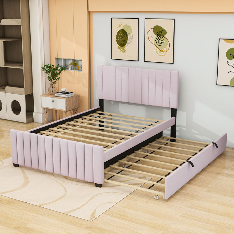 Full Upholstered Platform Bed with  Trundle, Pink