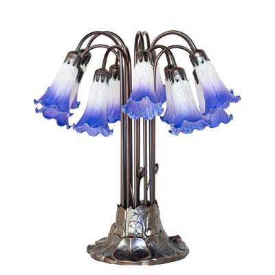 24" High Blue/White Tiffany Pond Lily 12 Light Table Lamp