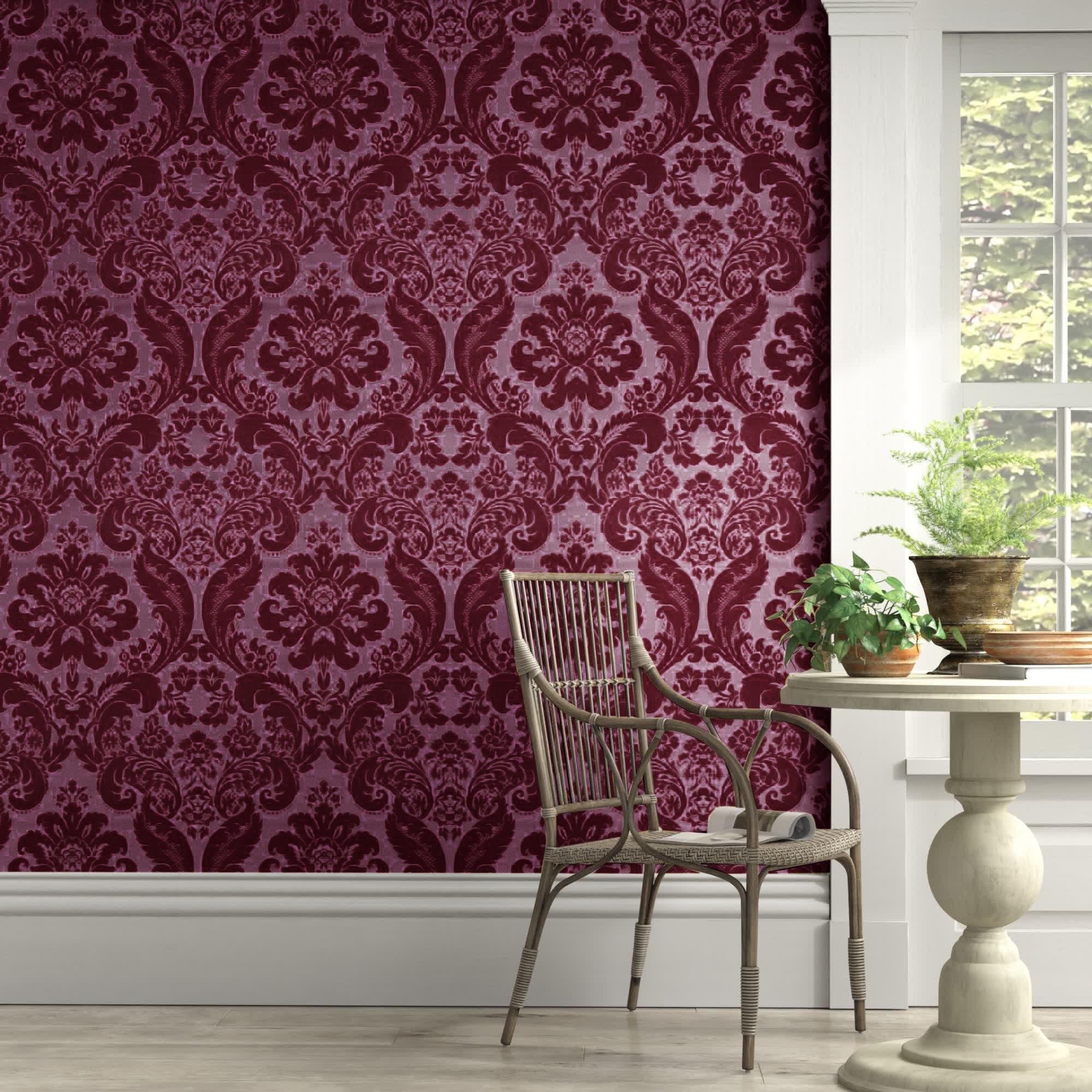 Melvin Damask Wallpaper, Merlot