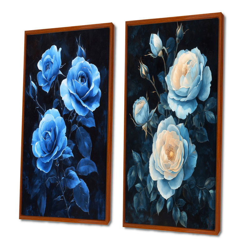 «Dark Aqua Roses Elegance At Night I», collection de 2 panneaux d'art sur toiles florales, H 40 po x l 41 po
