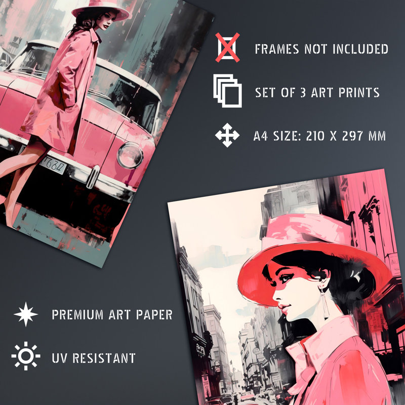 Pink Downtown Women City Winter Retro Fashion - 3 Piece No Frame Print Set, 29.7cm H x 21cm W x 0.4cm D
