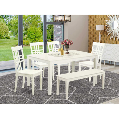 6 Piece Dining Room Table Set Contains a Rectangle Kitchen Table and 4 Dining Chairs with a Bench, Linen White