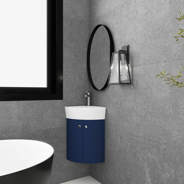 12.8 in Single Bowl Corner Wall Mounted Bath Vanity in Blue with Ceramic Sink in White with Overflow