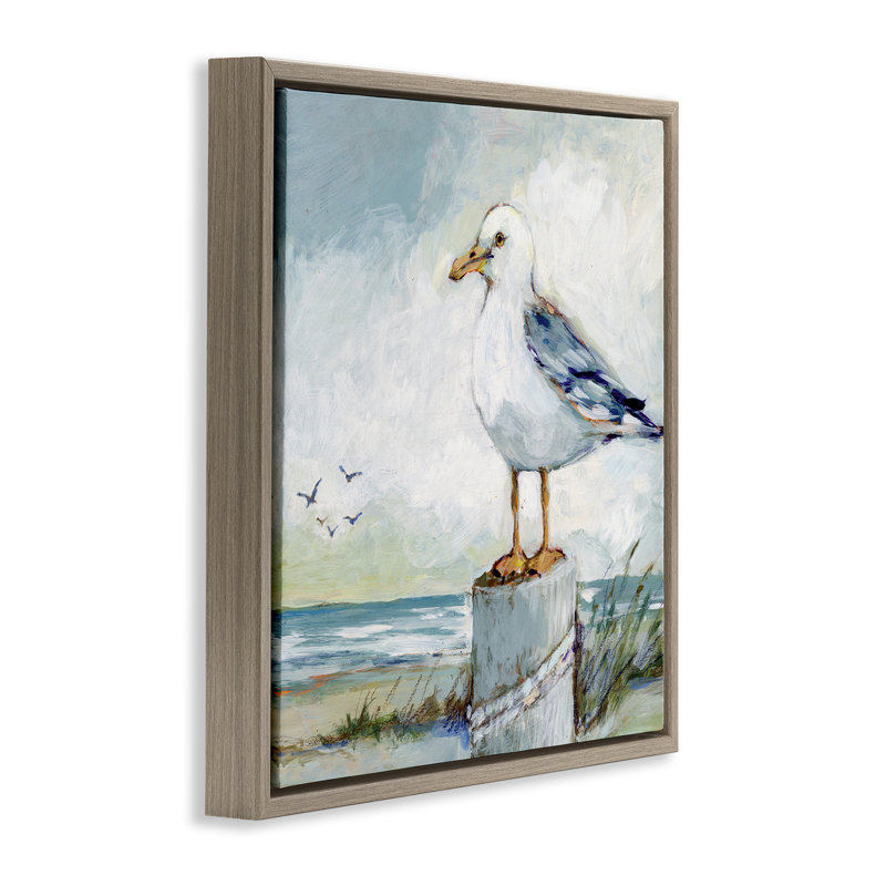 «Seagull Marine Beach Scene Floater», art mural par Susan Winget, H 18 po x l 18 po, Cadre flottant orme Montalcino