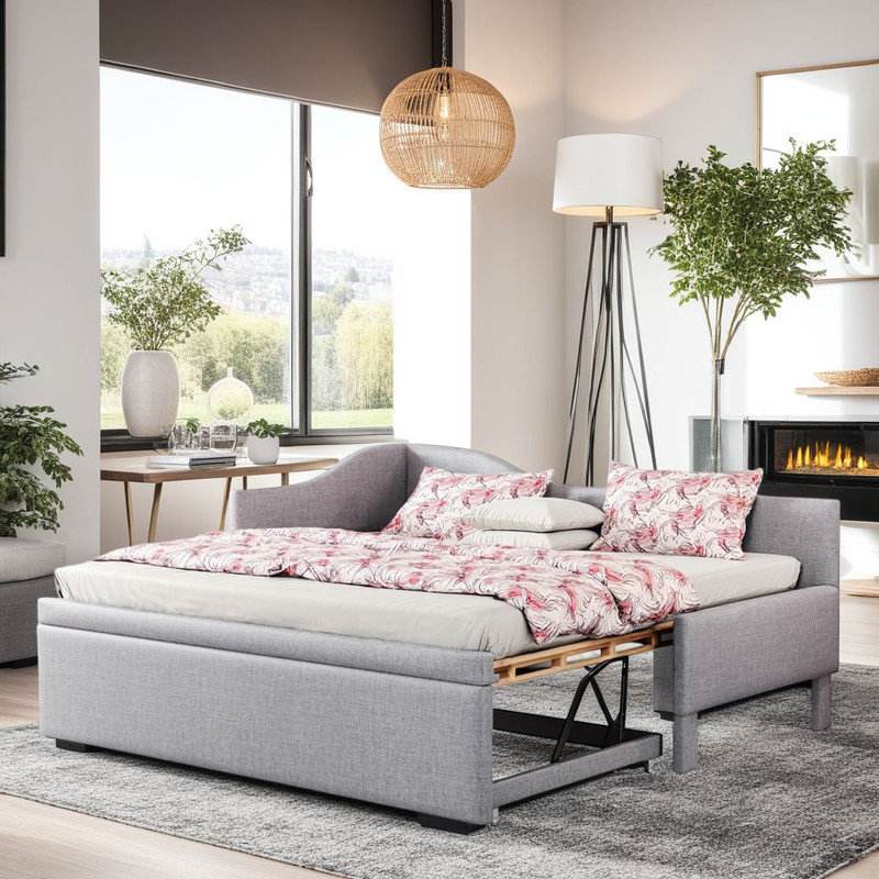 Convertible Daybed with Trundle - Twin to King Size, Linen Upholstery, No Box Spring?, Gray