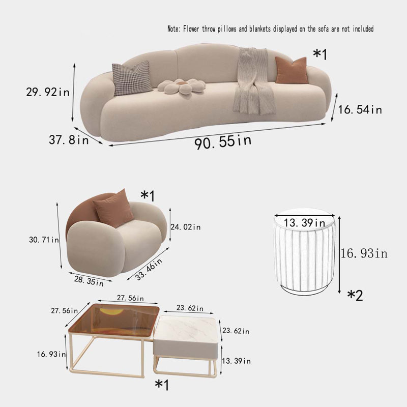 90.55-Inch Cream Cloud Sofa Coffee Table Set