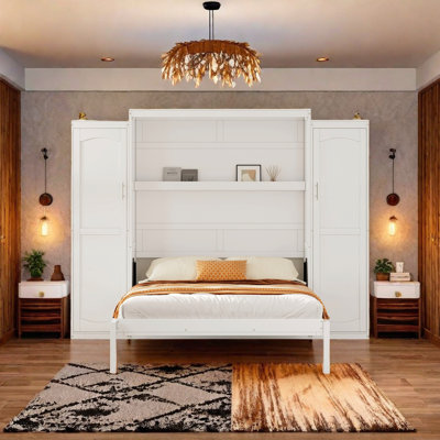 Murphy Bed With Integrated Wardrobes And Foldable Platform Frame, Multifunctional Space-Saving Bed For Guest Room, Living Room