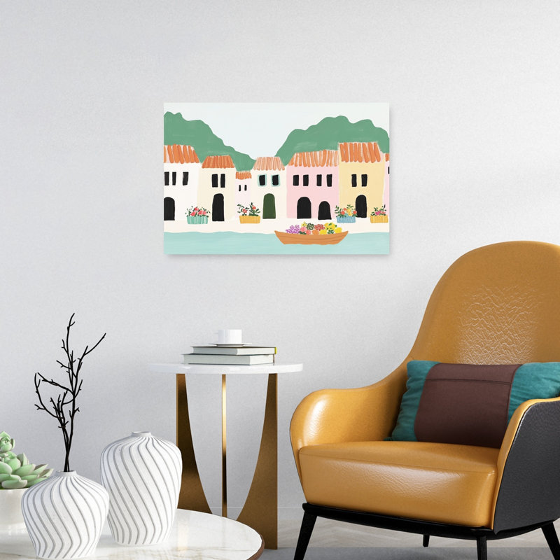 «Colorful Coastal Village», impression d'art contemporain abstrait, H 16 po x l 24 po