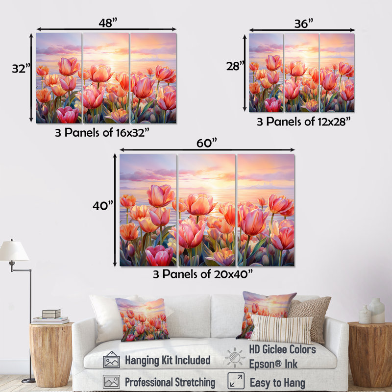 Tulips Sunset IV - Tulips Wall Decor Set, Wrapped Canvas, 32" H x 48" W x 1" D