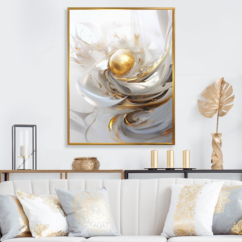 Impression sur toile Fractal Gold Sphere On White I - Fractals, H 32 po x l 24 po x P 1 po, Cadre flottant doré