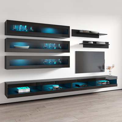 Catania 126" Modern Floating Wall Mounted Entertainment Center with 16-Color LED Lighting, High Gloss Finish