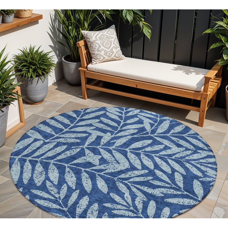 Tapis d'intérieur rond lavable floral 8 pi bleu marine et bleu clair