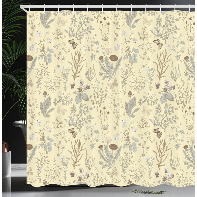 Cream Ecru Botanical Floral Fabric Shower Curtain with Hooks