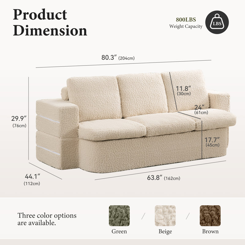 80" Convertible Folding Sofa Bed with Teddy Fabric, No Assembly Needed, Beige