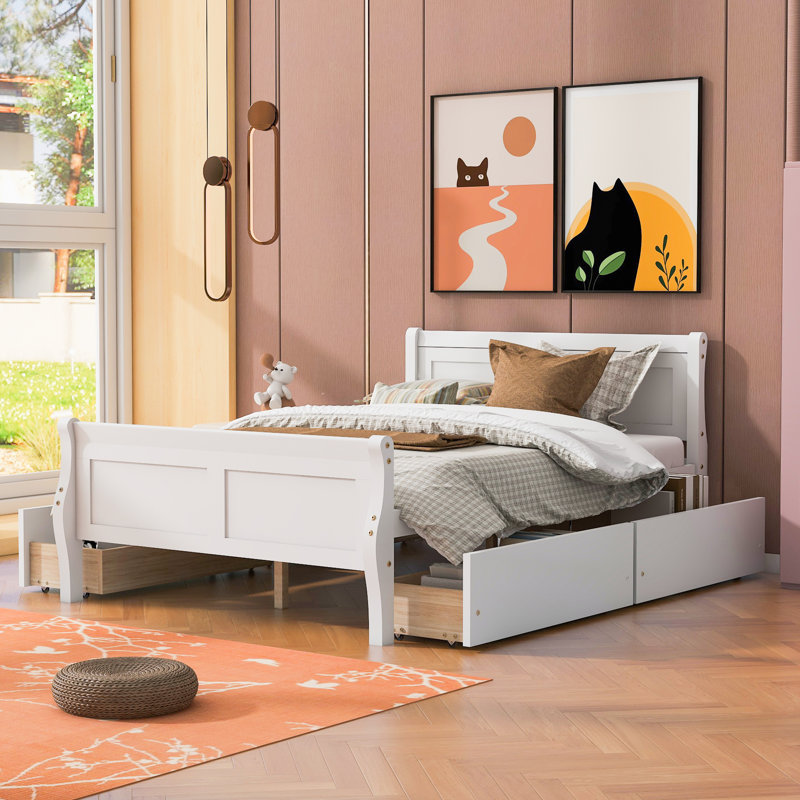 Lit plateforme double en bois avec tiroirs peu encombrant de style moderne pour les chambres confortables