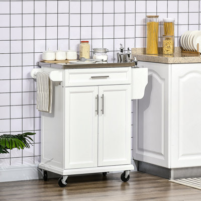 Îlot de cuisine sur roulettes, chariot de cuisine roulant avec comptoir en acier inoxydable, tiroir, porte-serviettes et porte-épices, chariot de rangement utilitaire