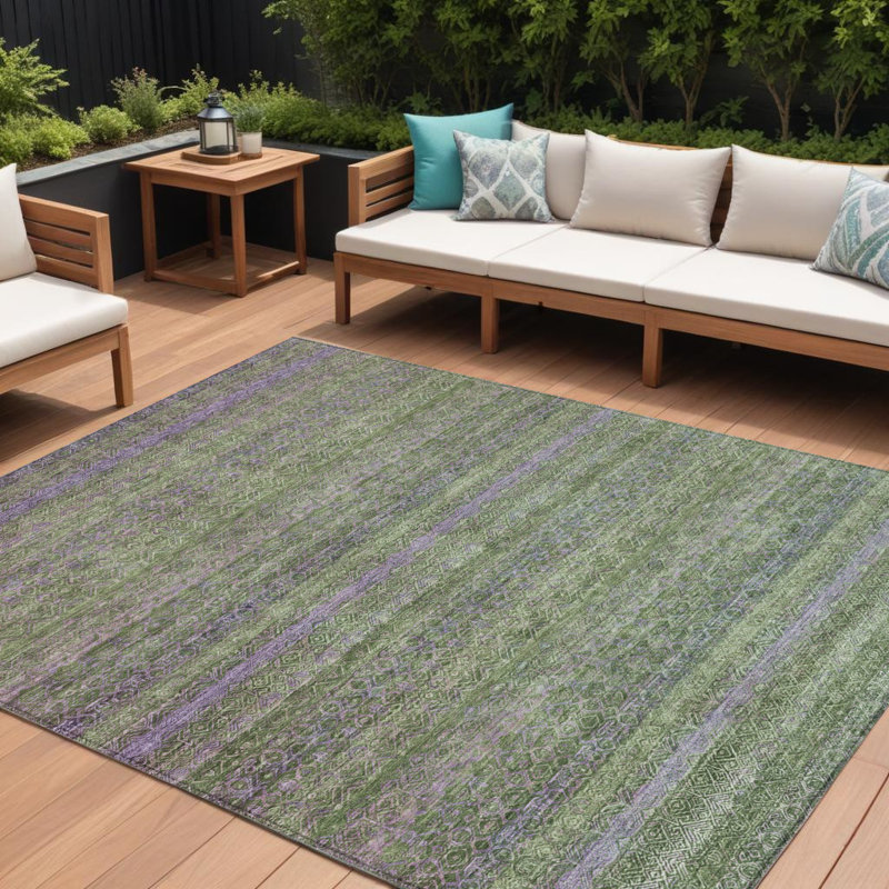 Tapis extérieur lavable rayé vert olive et mauve 9 pi x 12 pi